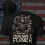 This Woman Doesn’t Flinch rattlesnake dog tag shield graphic black tee from Infidel Collective