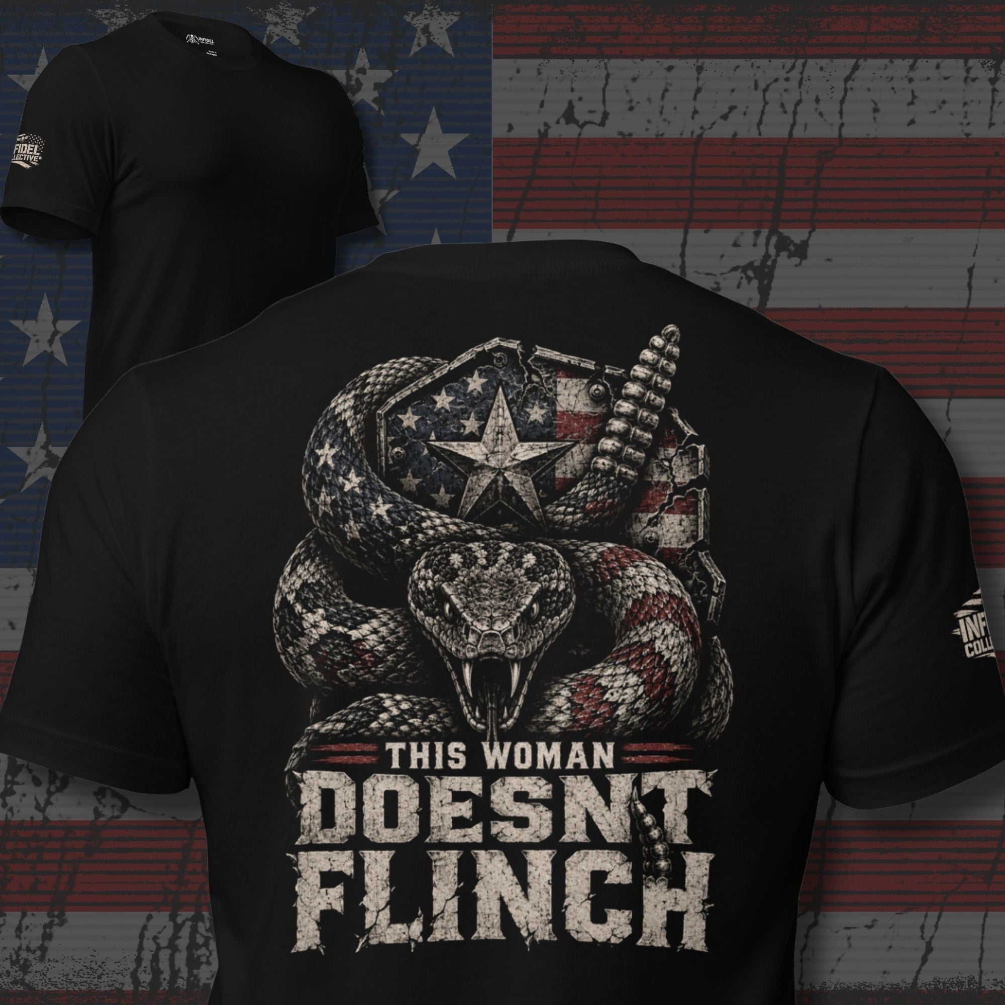 This Woman Doesn’t Flinch rattlesnake dog tag shield graphic black tee from Infidel Collective