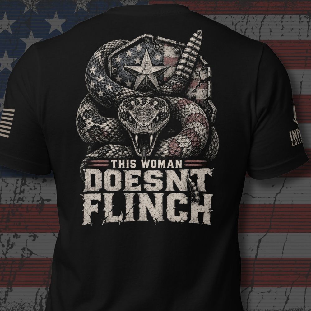 This Woman Doesn't Flinch Rattlesnake Back Print Tee, black tee, back view
