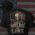 This Woman Holds the Line skull shield and rattlesnake back print black tee from Infidel Collective