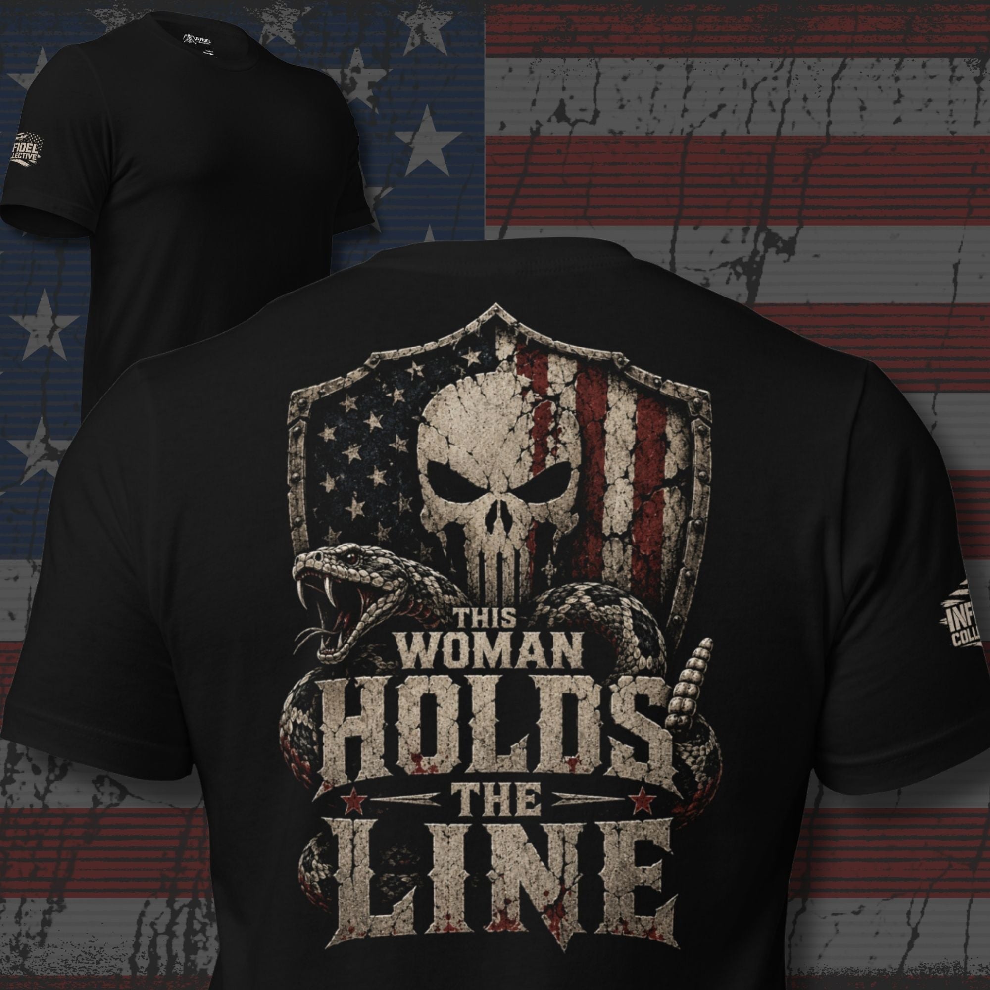 Black tee with back print featuring a rattlesnake, distressed American flag shield with skull graphic, and the text This Woman Holds the Line