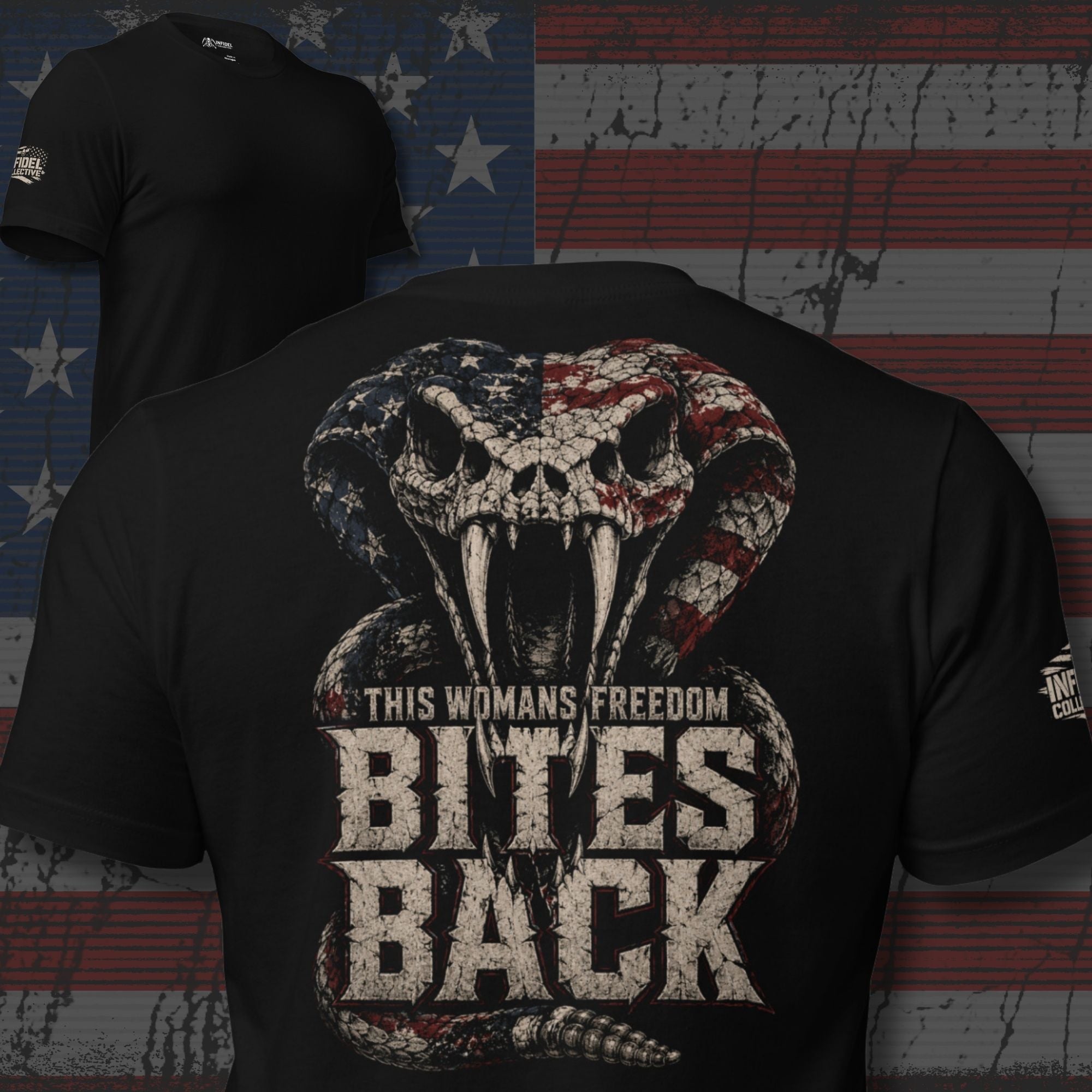 This Woman Ain't Here To Yield back print graphic on black tee featuring a hooded skull with American flag wings and a liberty torch