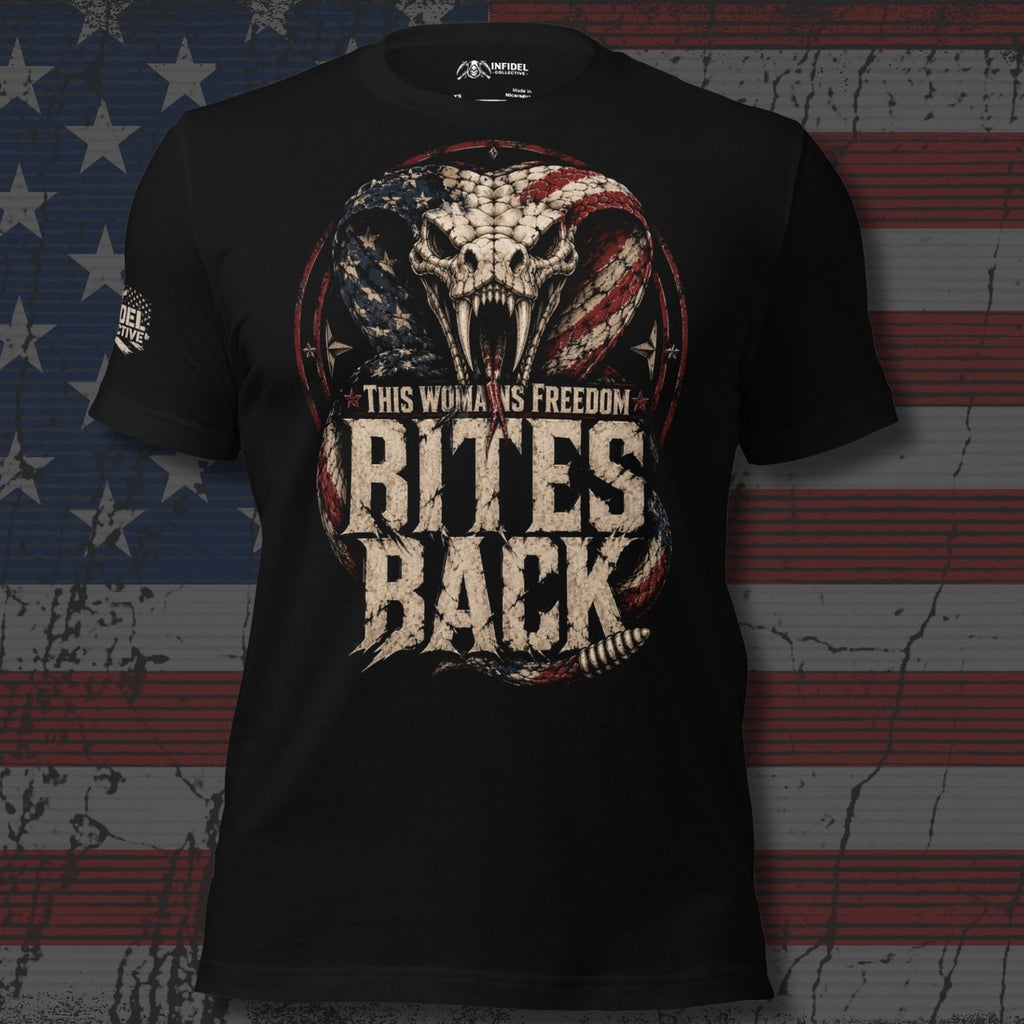 This Woman's Freedom Bites Back front print graphic on black tee featuring a patriotic rattlesnake with American flag pattern and distressed lettering