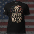 This Woman's Freedom Bites Back American flag cobra front print black tee from Infidel Collective