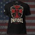 Infidel hooded reaper inside a crimson cross shield design front print black tee from Infidel Collective