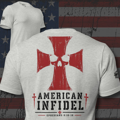 American Infidel red cross and skull Ephesians 6:10-18 back print gray tee from Infidel Collective