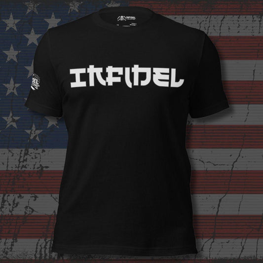 Black t-shirt with 'INFIDEL' text on a distressed American flag background