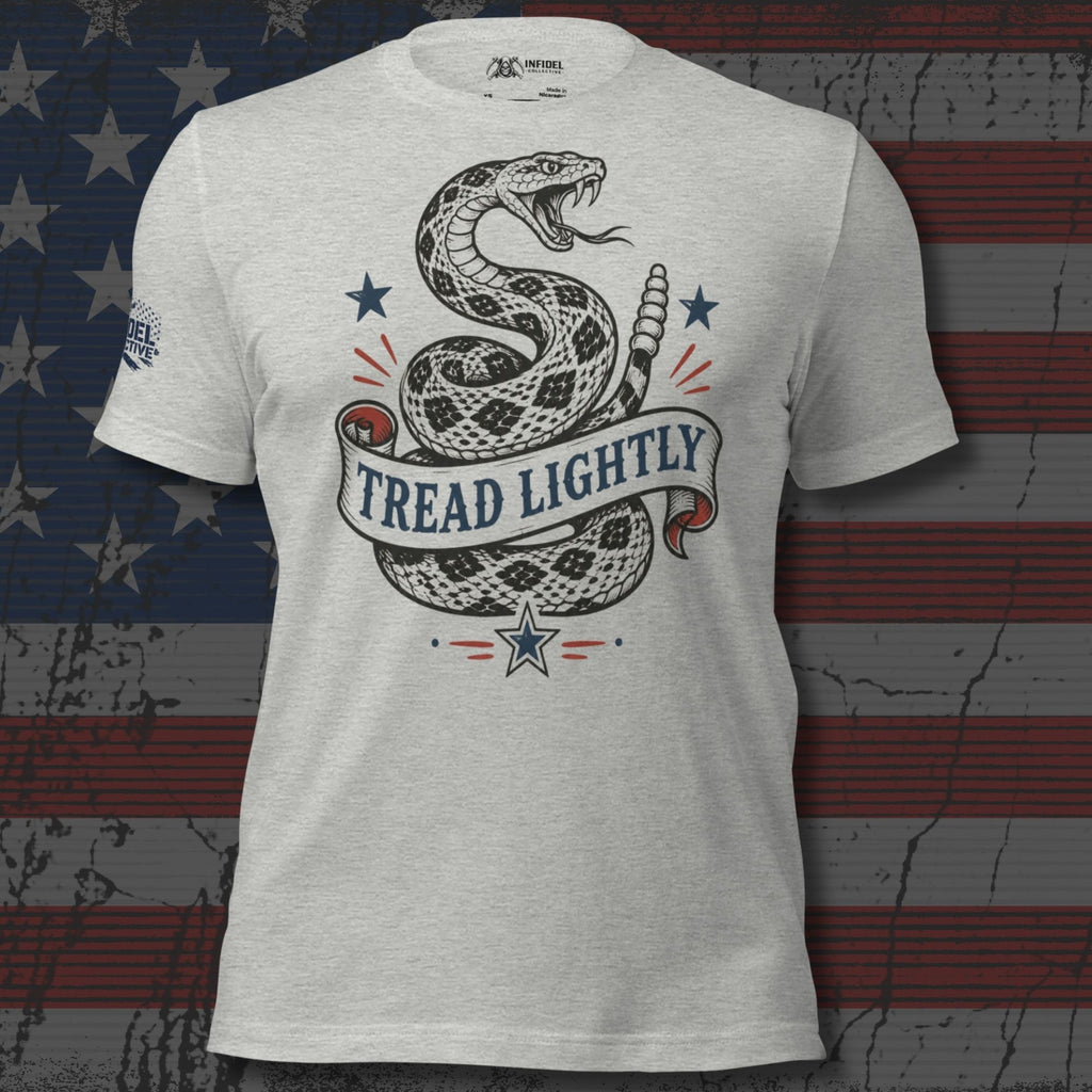 Athletic heather tee with front print of a coiled rattlesnake, patriotic stars, and a banner reading Tread Lightly