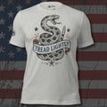 classic Tread Lightly coiled rattlesnake and banner design front print athletic heather tee from Infidel Collective