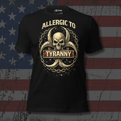 Black t-shirt with skull and text design on a distressed American flag background