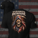 Black t-shirt with 'Tyrants Beware' graphic design on a distressed American flag background