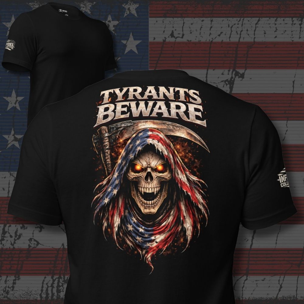 Black t-shirt with 'Tyrants Beware' graphic design on a distressed American flag background