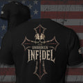 Unbroken Infidel skull gothic cross back print black tee from Infidel Collective