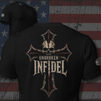 Unbroken Infidel skull iron cross back print black tee from Infidel Collective