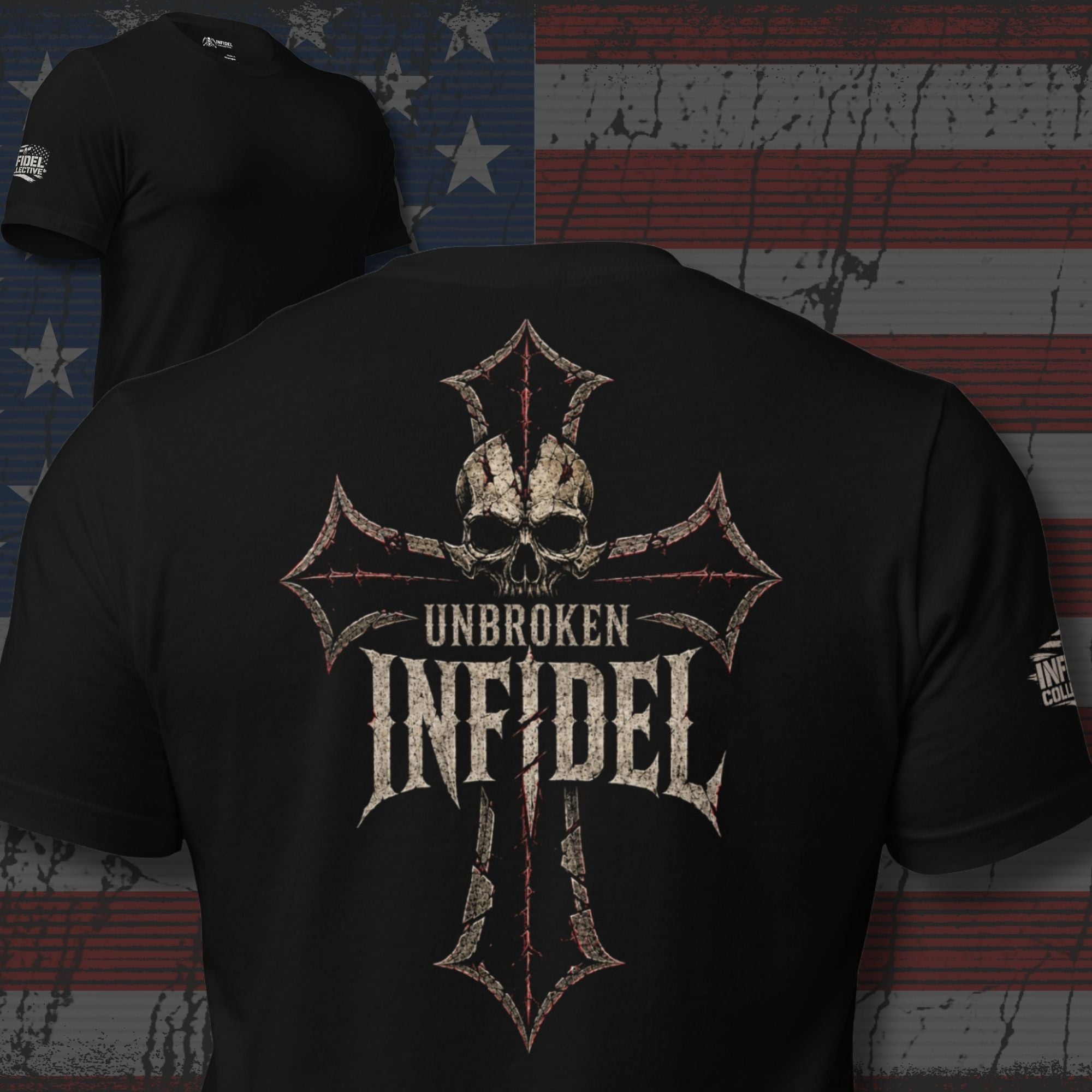 Unbroken Infidel skull iron cross back print black tee from Infidel Collective
