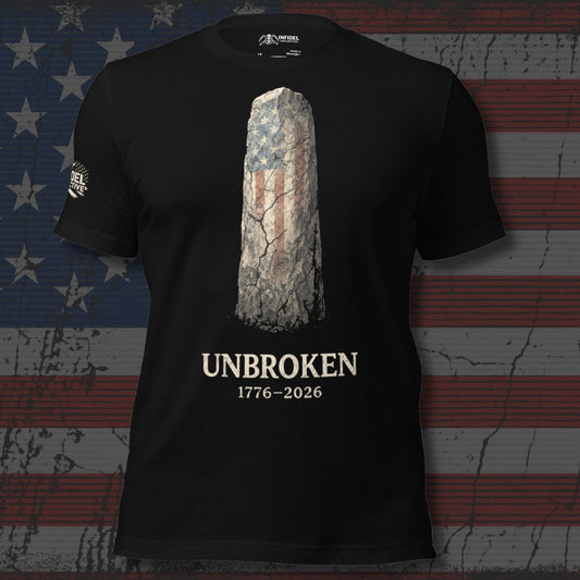 Black t-shirt with 'Unbroken 1776-2026' design on a distressed American flag background