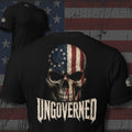 Ungoverned American flag skull back print black tee from Infidel Collective