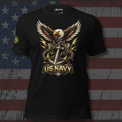 Black t-shirt with US Navy logo featuring an eagle and anchor on a flag background