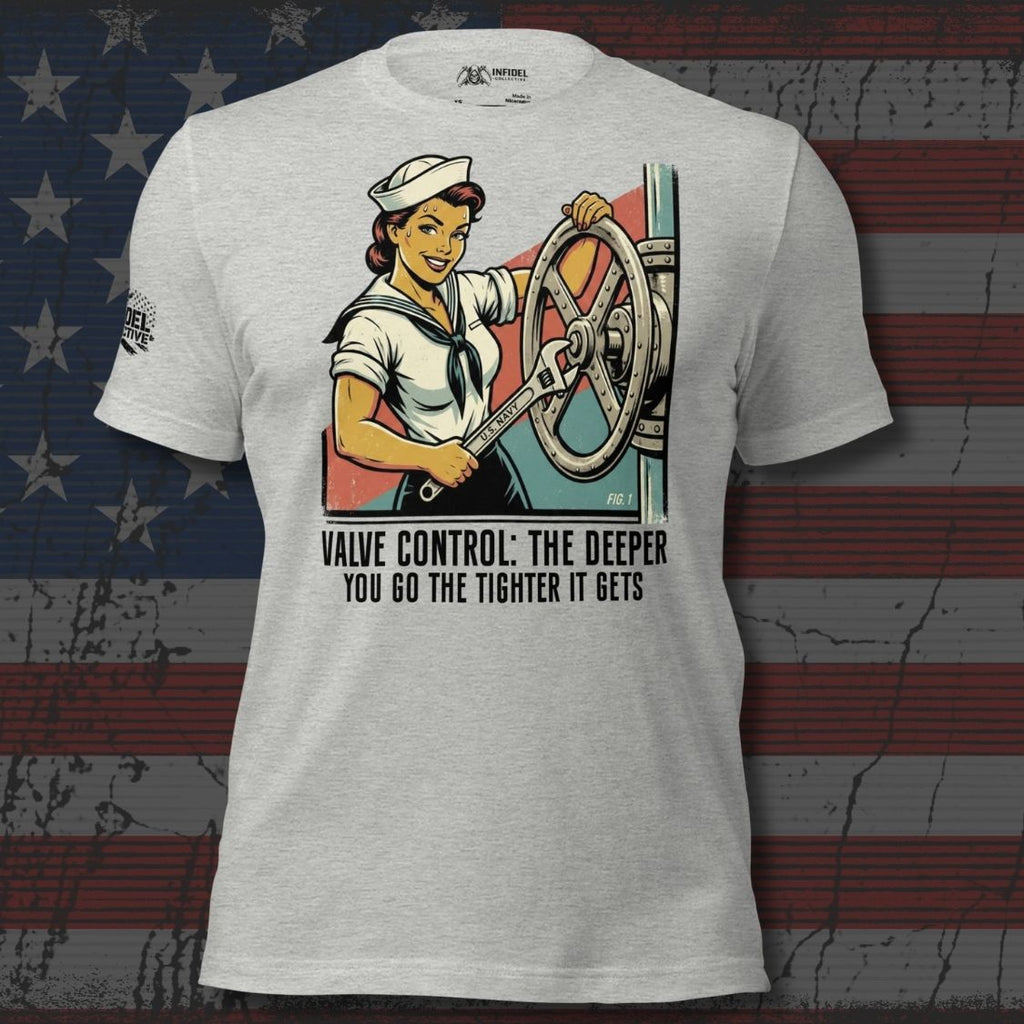Gray t-shirt with a graphic of a woman operating a valve and text on an American flag background