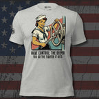 Gray t-shirt with a graphic of a woman operating a valve and text on an American flag background