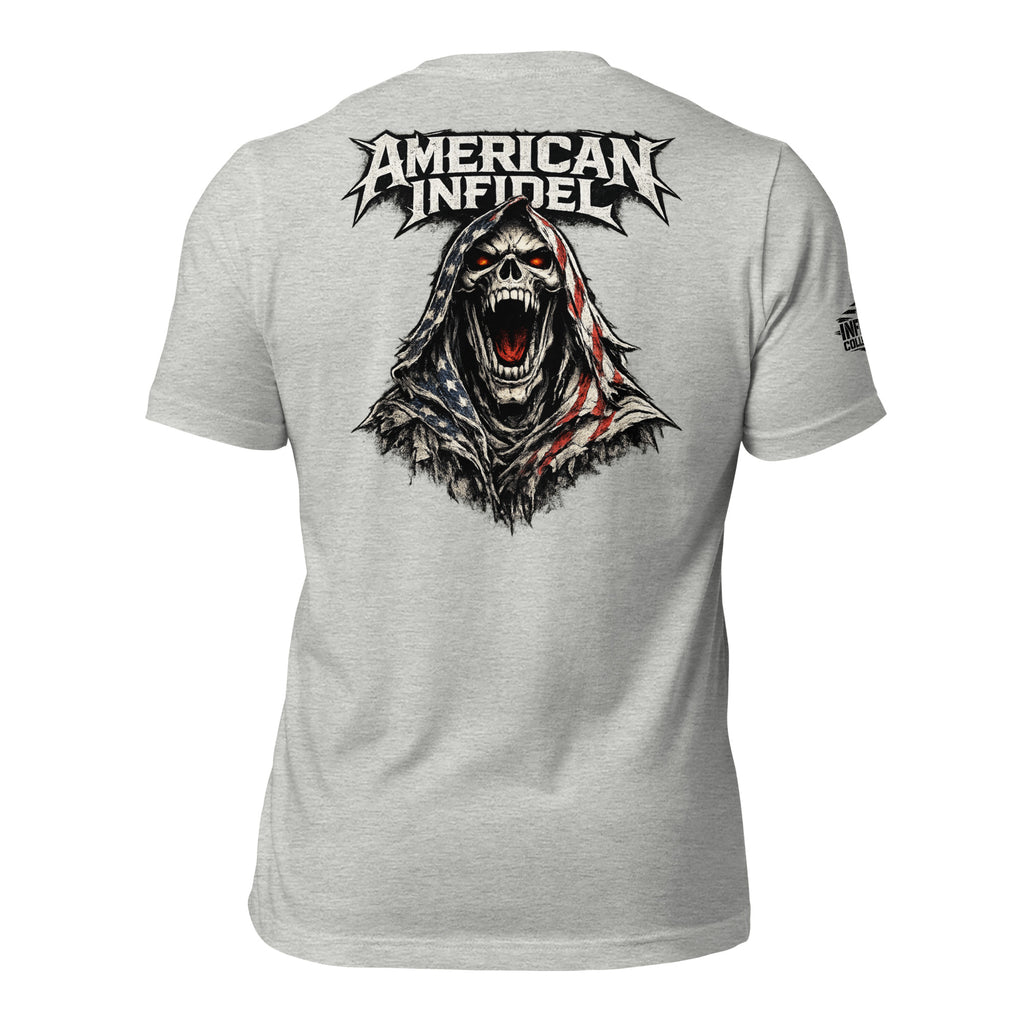 Ghosted mockup of back of gray t-shirt with text 'AMERICAN INFIDEL' across the top and an icon of a screaming reaper wearing a USA flag cloak with a USA flag background.