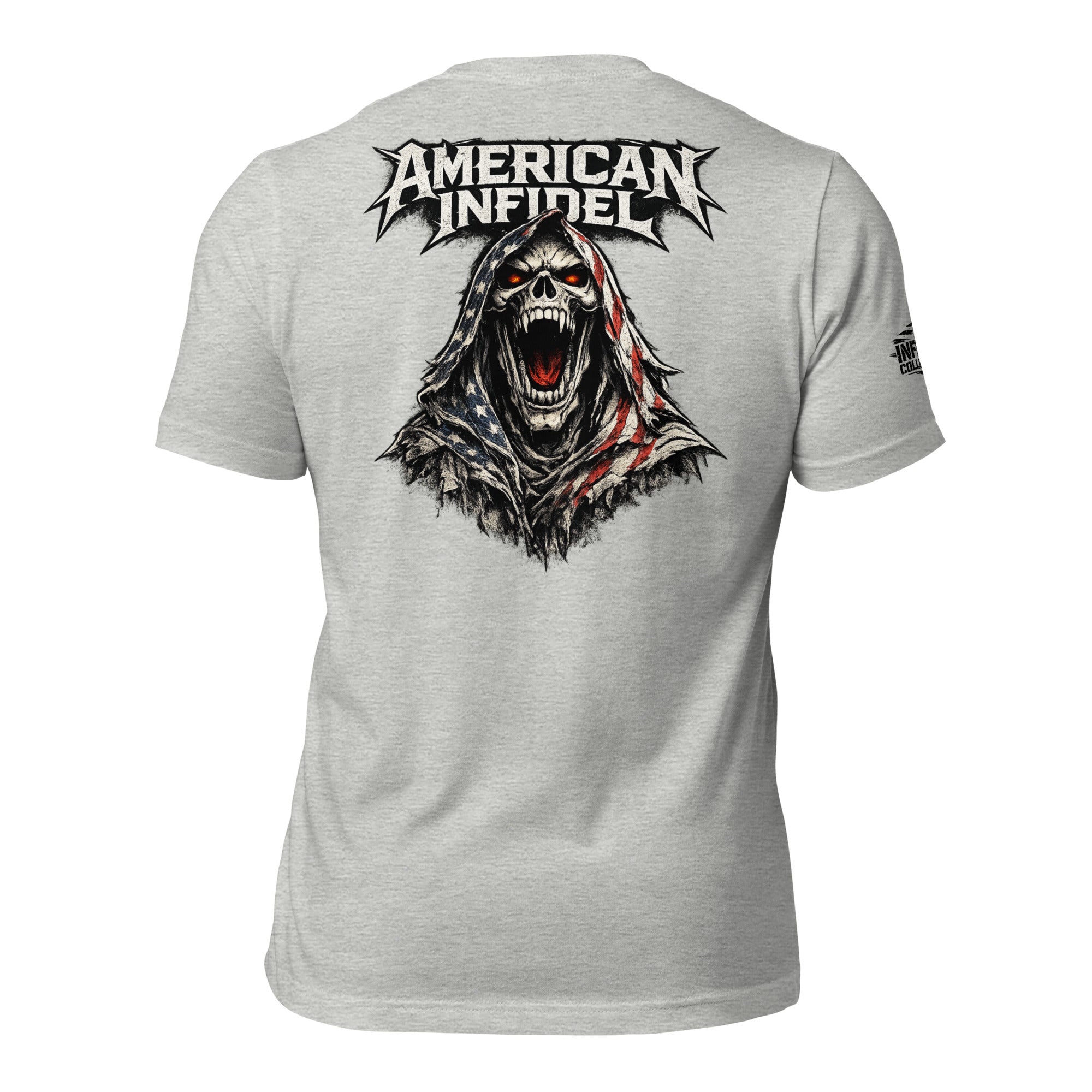 Ghosted mockup of back of gray t-shirt with text 'AMERICAN INFIDEL' across the top and an icon of a screaming reaper wearing a USA flag cloak with a USA flag background.