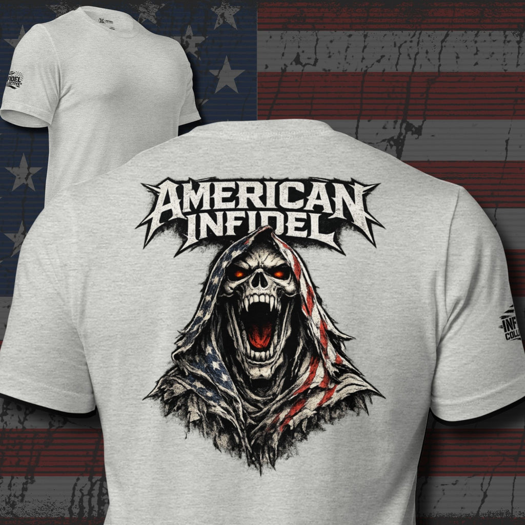 Ghosted mockup of back of gray t-shirt with text 'AMERICAN INFIDEL' across the top and an icon of a screaming reaper wearing a USA flag cloak with a USA flag background.