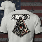 Ghosted mockup of back of gray t-shirt with text 'AMERICAN INFIDEL' across the top and an icon of a screaming reaper wearing a USA flag cloak with a USA flag background.