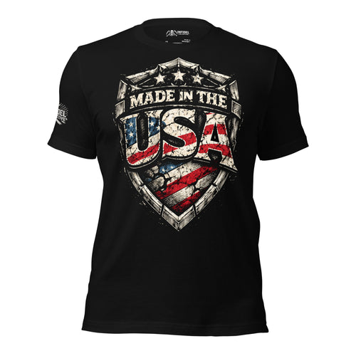 Front view of black tee featuring Made in the USA American flag shield