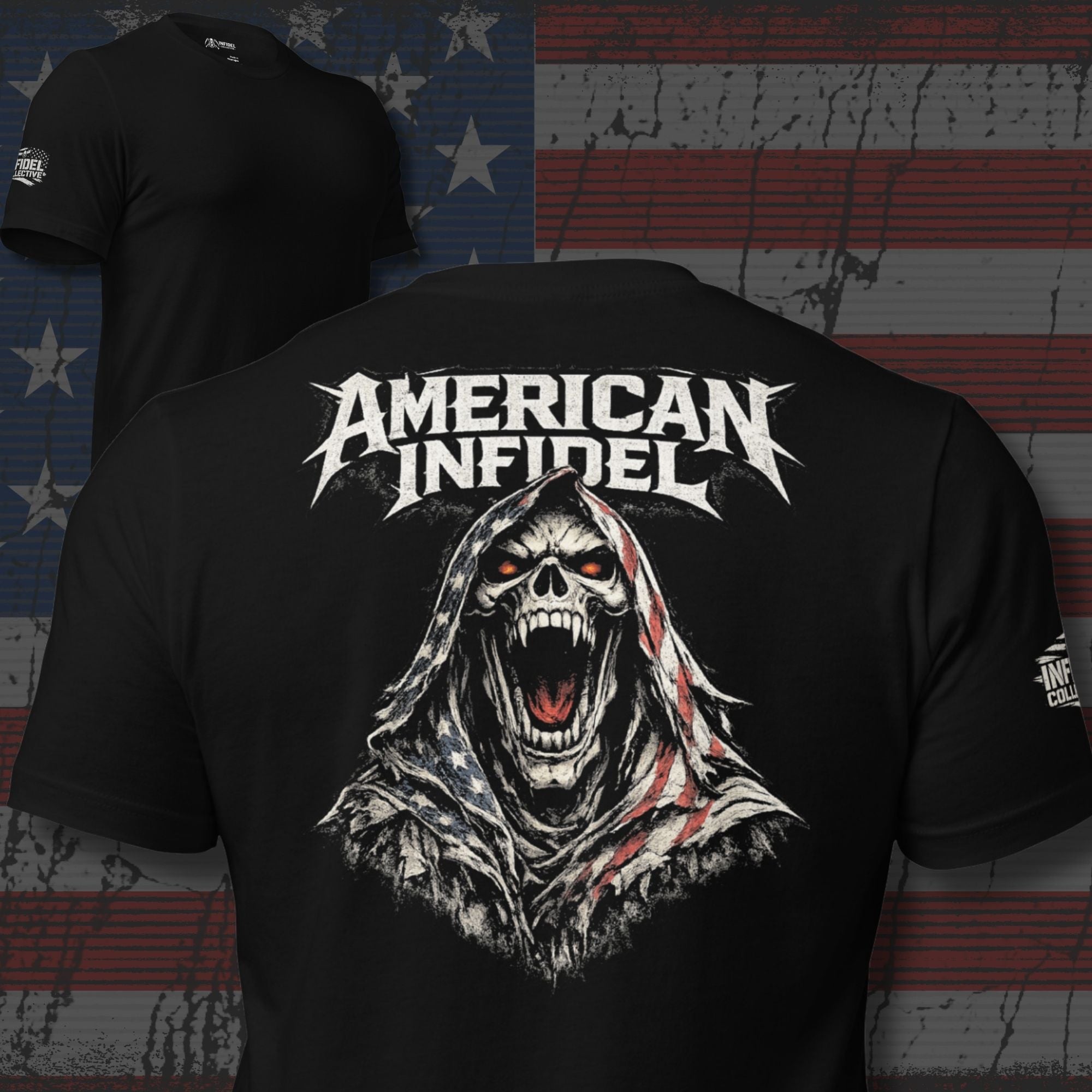 American Infidel screaming reaper back print black tee from Infidel Collective