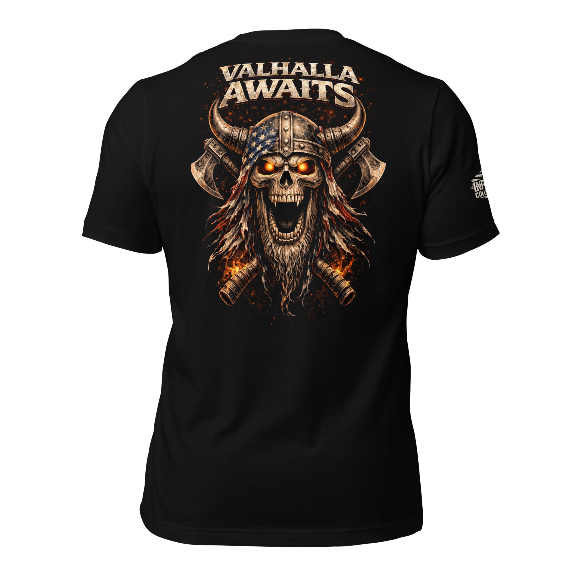 Black t-shirt with Viking design and 'Valhalla Awaits' text on a white background