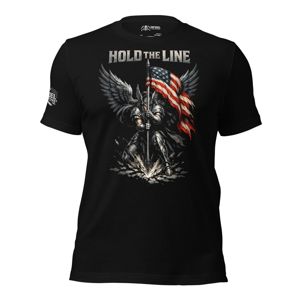 Black t-shirt with graphic design featuring a warrior and American flag, text 'Hold the Line', on a white background.