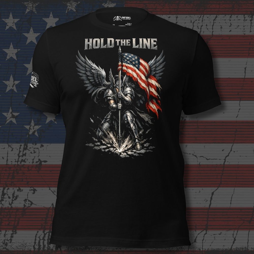 Black t-shirt with a graphic design of a warrior holding an American flag, text 'Hold the Line', on a background resembling an American flag.