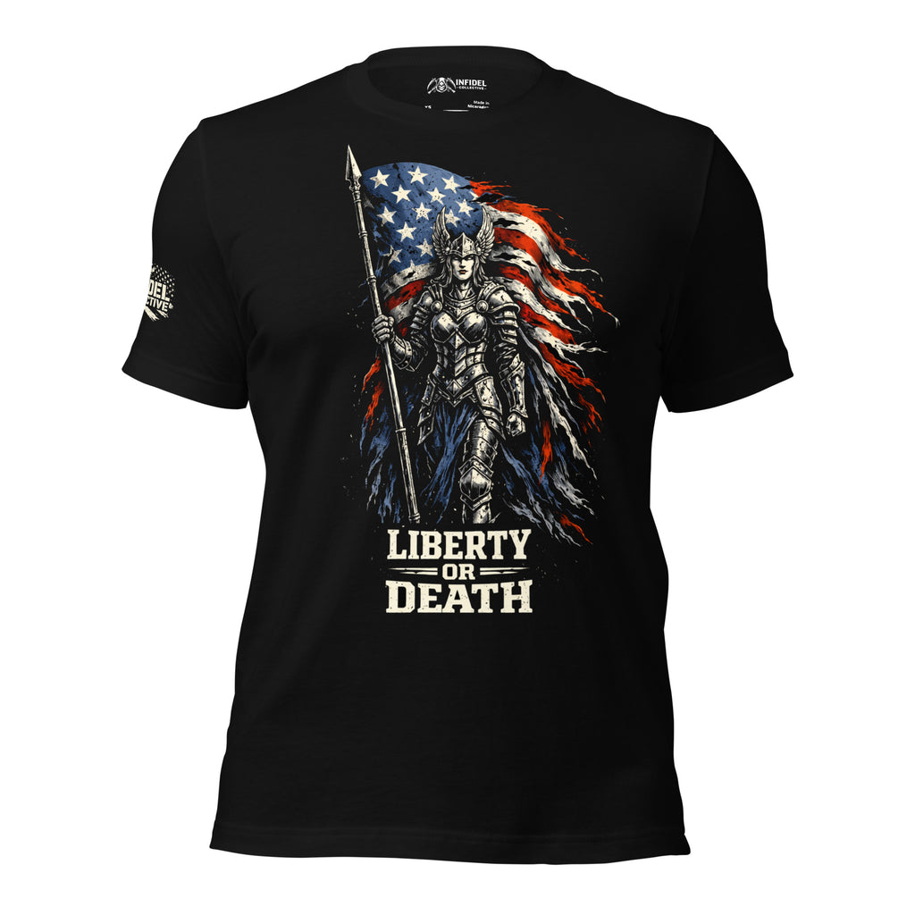Black t-shirt with warrior design and 'Liberty or Death' text on a white background