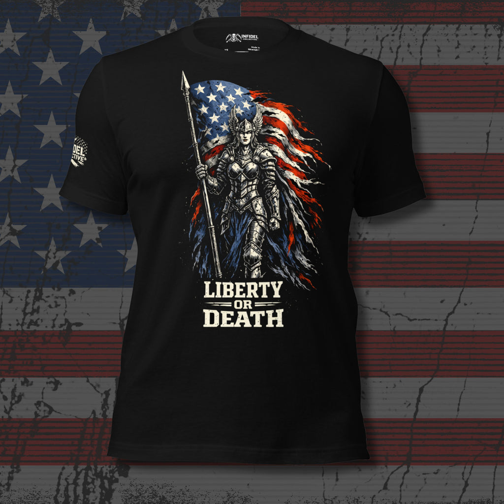 Black t-shirt with warrior graphic and 'Liberty or Death' text on a flag background