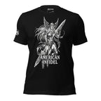 Black t-shirt with warrior graphic and 'American Infidel' text on a white background