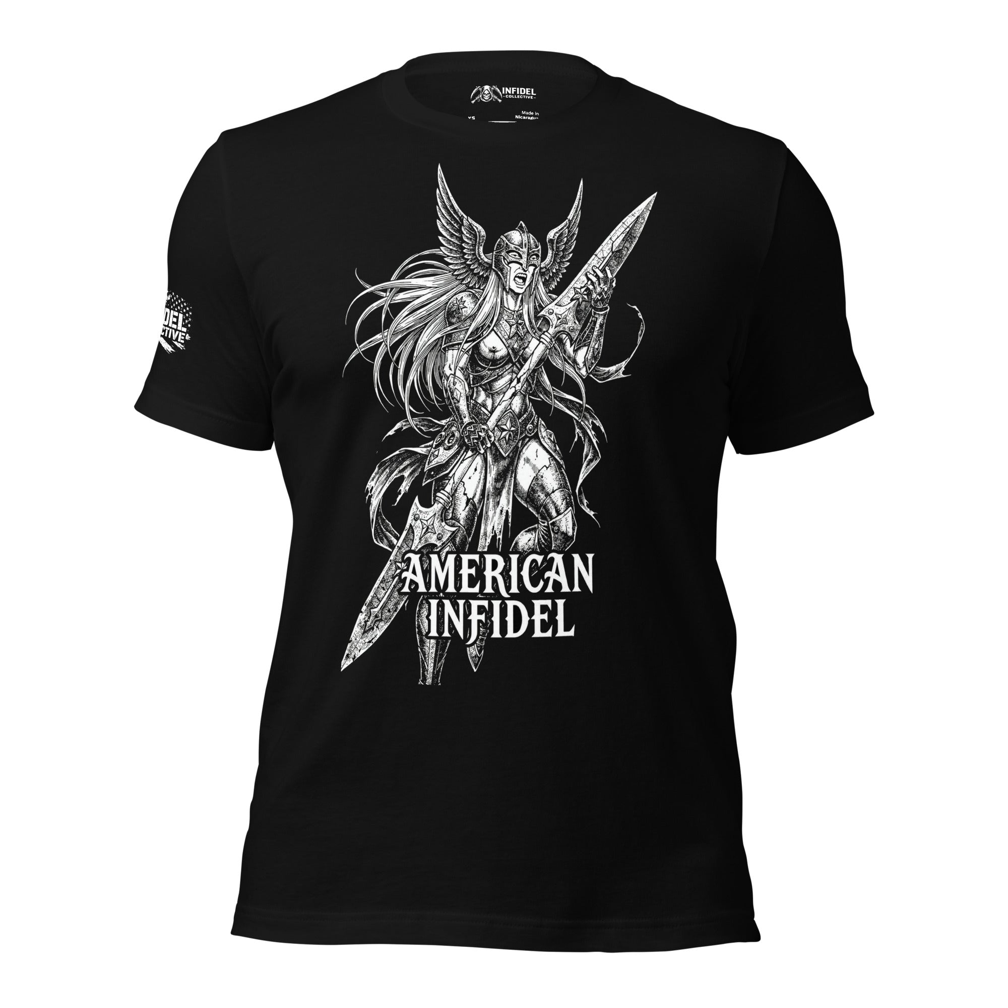 Black t-shirt with warrior graphic and 'American Infidel' text on a white background