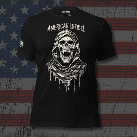 Black t-shirt with a graphic design and 'American Infidel' text on an American flag background