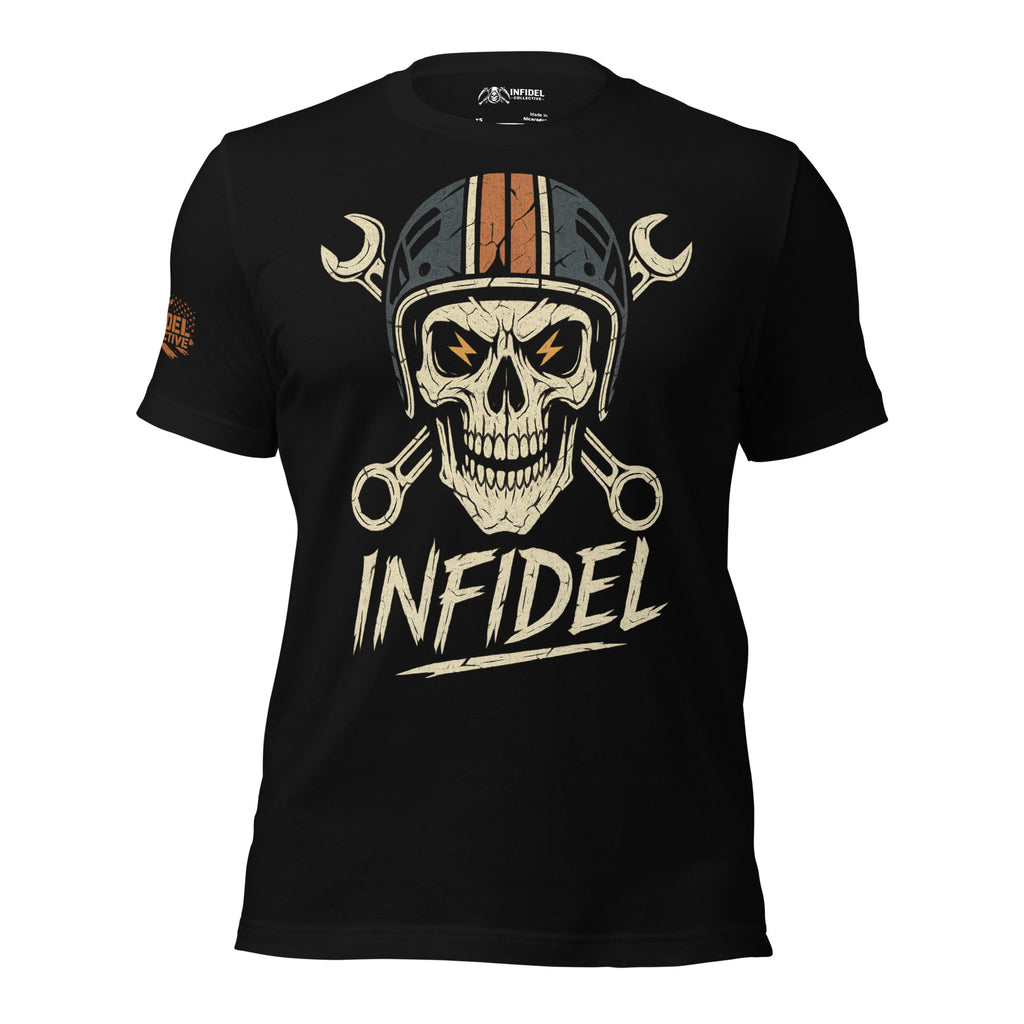 Black Vintage Charged Wrencher Infidel tee with front print featuring skull wearing mechanic helmet, crossed wrenches, and INFIDEL text