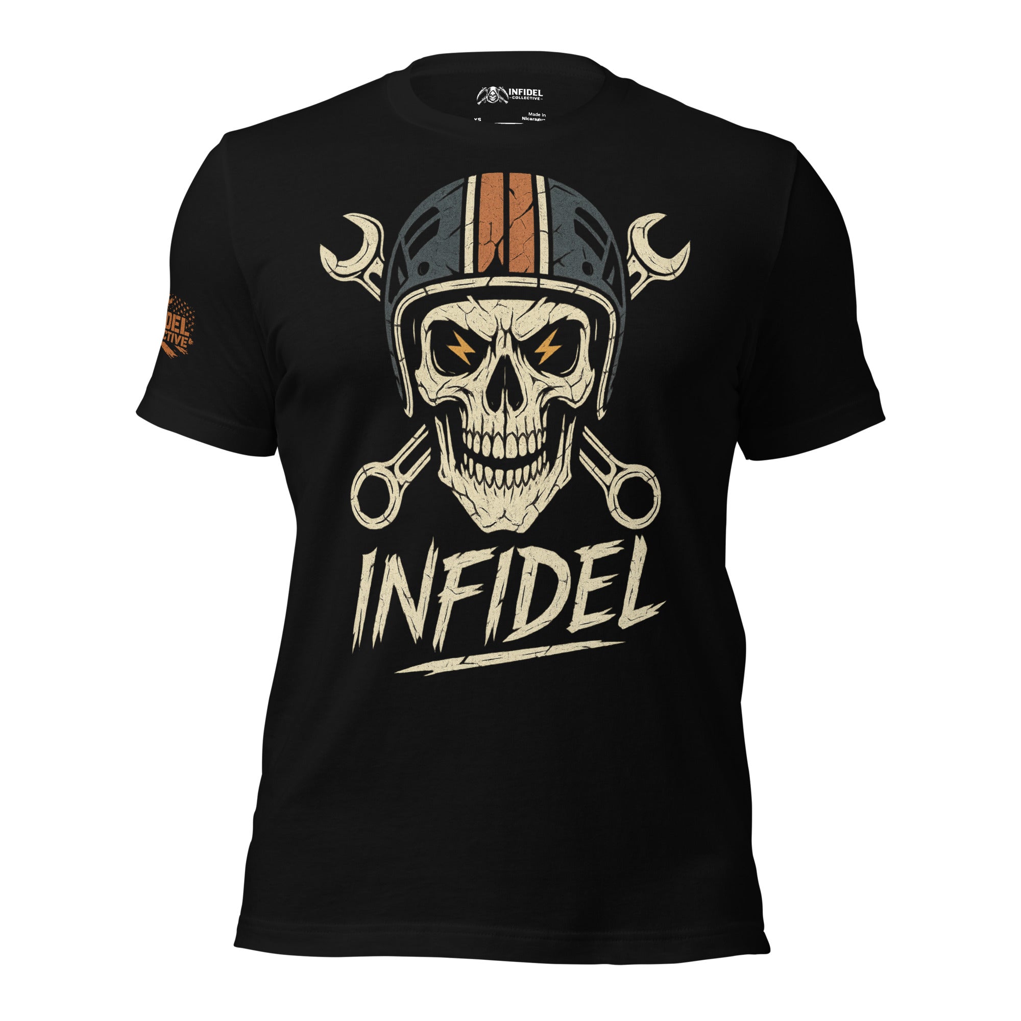 Black Vintage Charged Wrencher Infidel tee with front print featuring skull wearing mechanic helmet, crossed wrenches, and INFIDEL text