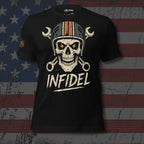 Black Vintage Charged Wrencher Infidel tee with front print featuring skull wearing mechanic helmet, crossed wrenches, and INFIDEL text