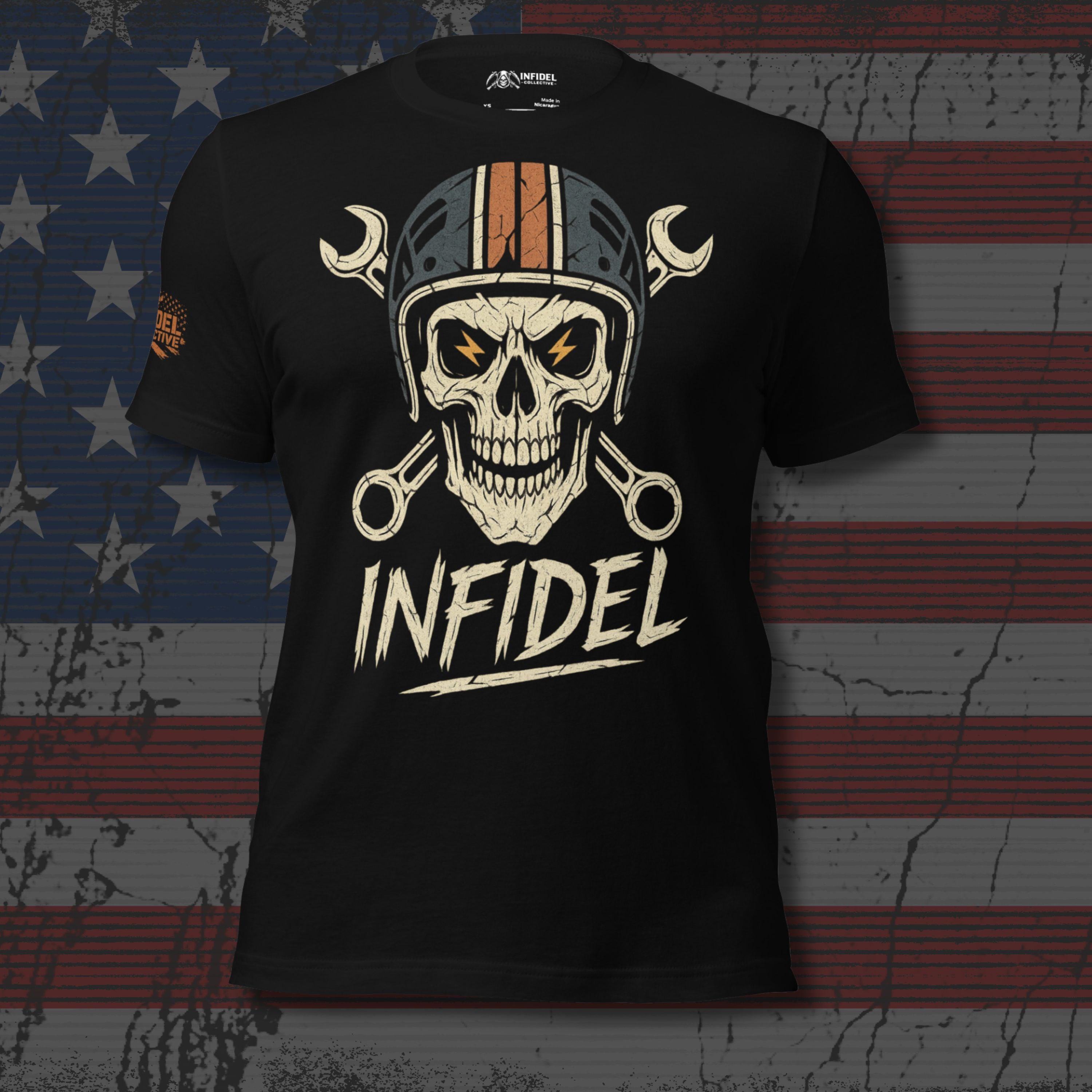 Black Vintage Charged Wrencher Infidel tee with front print featuring skull wearing mechanic helmet, crossed wrenches, and INFIDEL text
