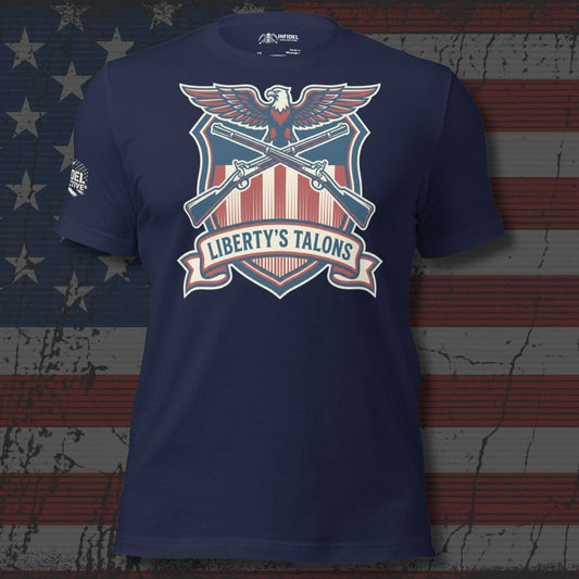 Navy blue t-shirt with 'Liberty's Talons' graphic design on an American flag background
