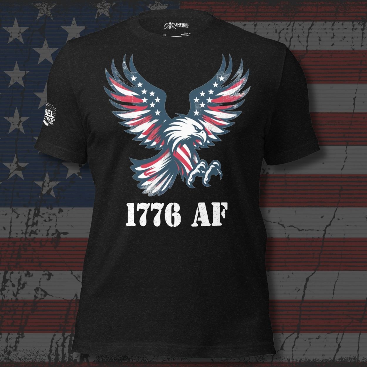 Black t-shirt with an eagle design and '1776 AF' text on a distressed American flag background.