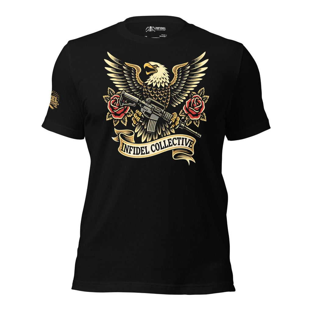 Black tee featuring bald eagle with spread wings, rifle, red roses, and Infidel Collective banner front print