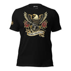 Black tee featuring bald eagle with spread wings, rifle, red roses, and Infidel Collective banner front print