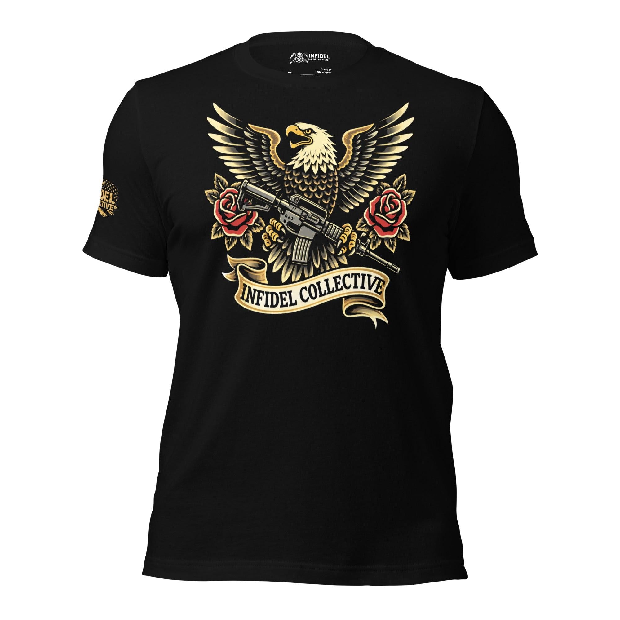 Black tee featuring bald eagle with spread wings, rifle, red roses, and Infidel Collective banner front print