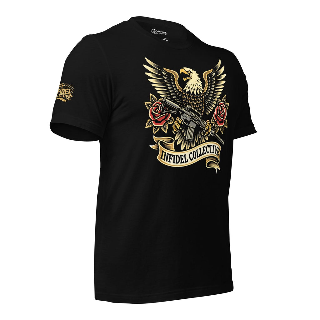 Black tee featuring bald eagle with spread wings, rifle, red roses, and Infidel Collective banner front print