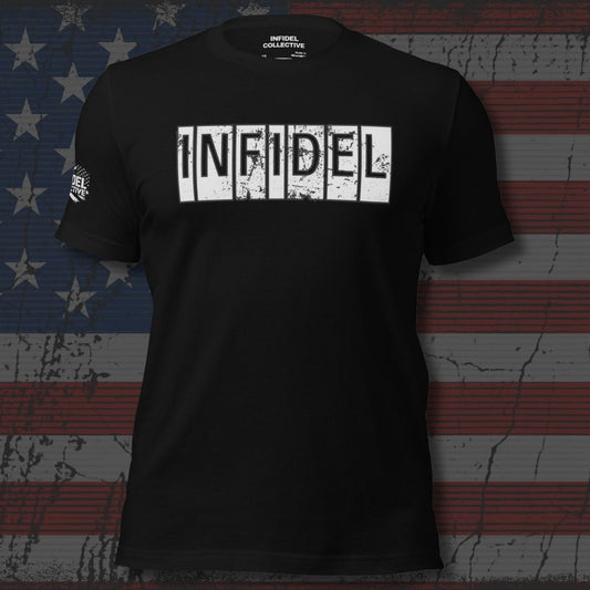 Black t-shirt with 'INFIDEL' text on a distressed American flag background