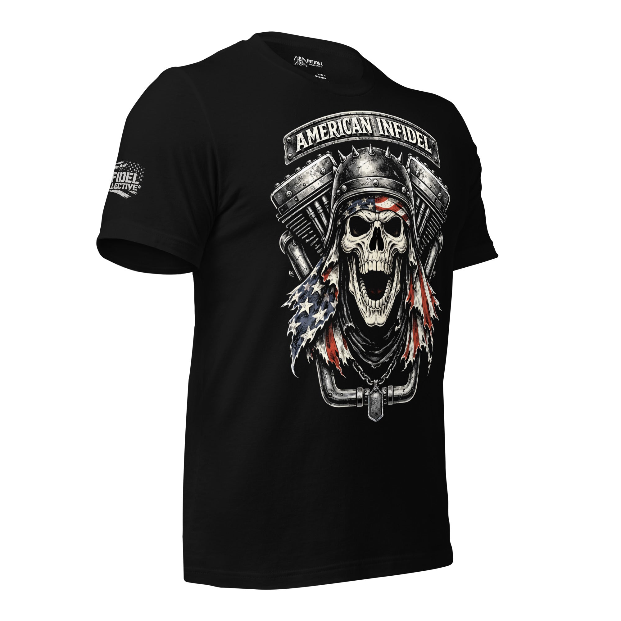 Black t-shirt with a skull and American Infidel design on a white background